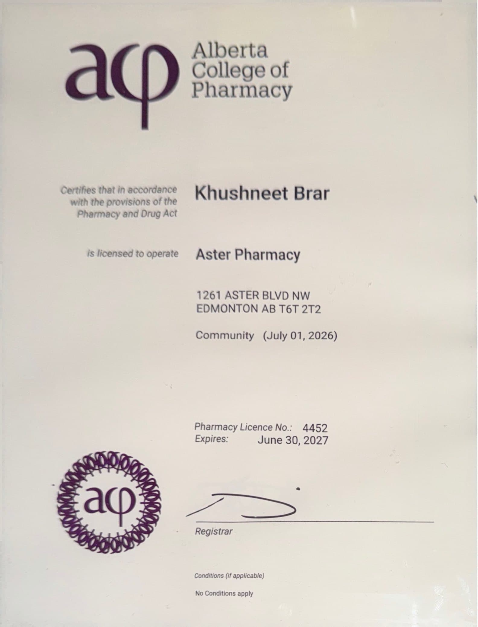 Aster Pharmacy operating licence issued by the Alberta College of Pharmacy